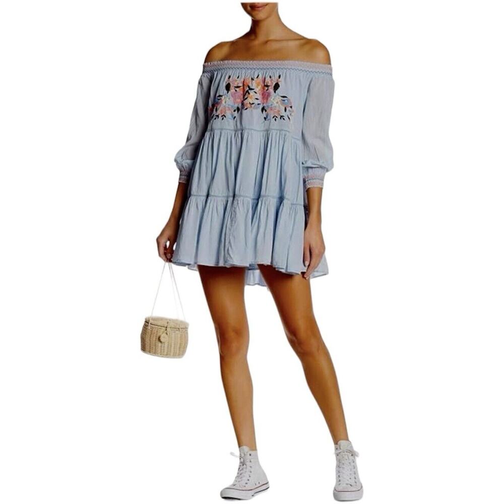 Free People Baby Blue Smocked Off Shoulder Embroidered Tiered Ruffle Mini Dress